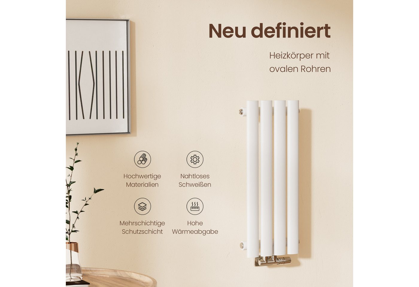 EMKE Designheizkörper Oval Paneelheizkörper Schwarz/Weiß Breite: 24cm, Höhe: 60cm~180cm, Vertikal Einlagig/Doppellagig, Mittelanschluss Bild 5