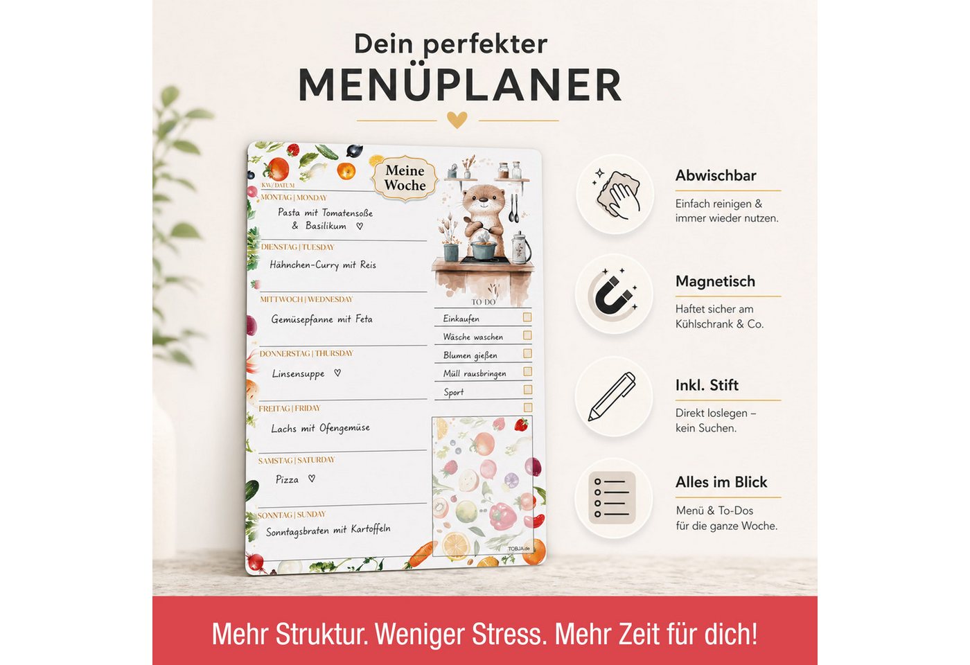 TOBJA Wochenplan Menüplaner Otterliebe magnetisch A4 Wochenplaner für Kühlschrank, Magnetisch, abwischbar, inkl. Stift, Otter-Design, Wochenmenü & To-Do