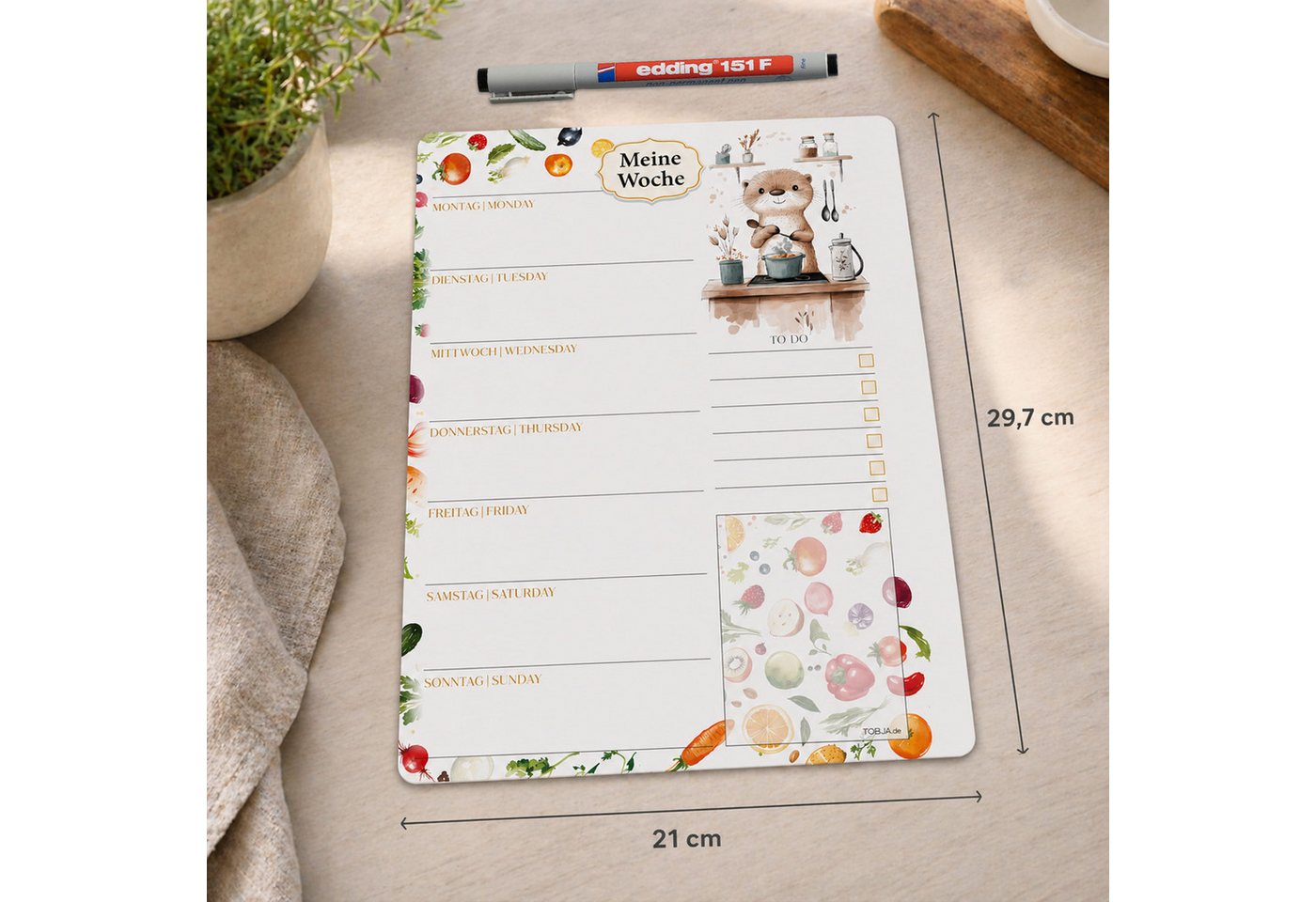 TOBJA Wochenplan Menüplaner Otterliebe magnetisch A4 Wochenplaner für Kühlschrank, Magnetisch, abwischbar, inkl. Stift, Otter-Design, Wochenmenü & To-Do Bild 2