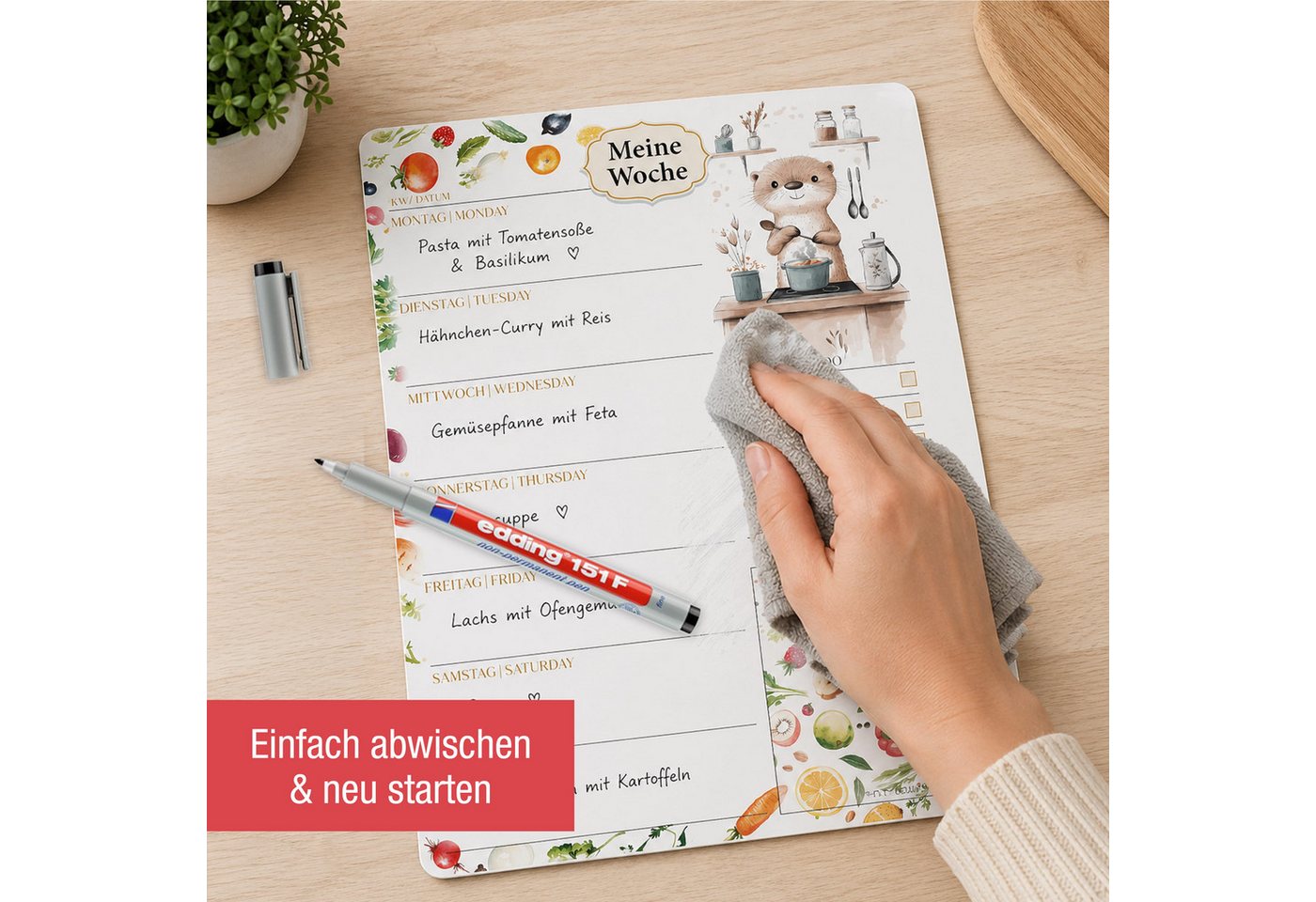 TOBJA Wochenplan Menüplaner Otterliebe magnetisch A4 Wochenplaner für Kühlschrank, Magnetisch, abwischbar, inkl. Stift, Otter-Design, Wochenmenü & To-Do Bild 3