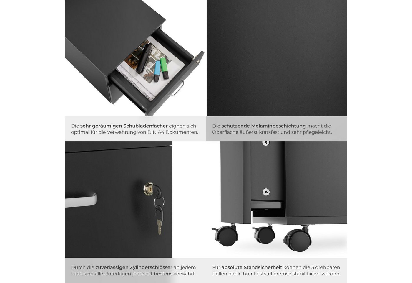 tectake Rollcontainer Schreibtischunterschrank, 40 x 44 x 54,5 cm, abschließbar, kratzfest, (Aktenschrank Vagur, in schwarz), 2 A4-Schubladen, Ersatzschlüssel, 5 gebremste Lenkrollen, stabil