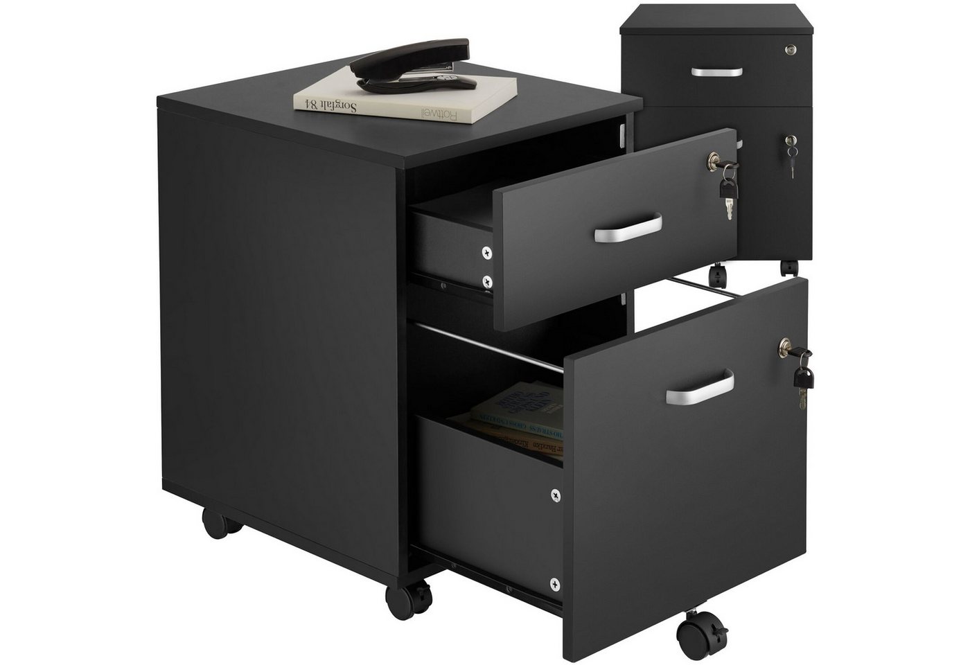 tectake Rollcontainer Schreibtischunterschrank, 40 x 44 x 54,5 cm, abschließbar, kratzfest, (Aktenschrank Vagur, in schwarz), 2 A4-Schubladen, Ersatzschlüssel, 5 gebremste Lenkrollen, stabil Bild 2