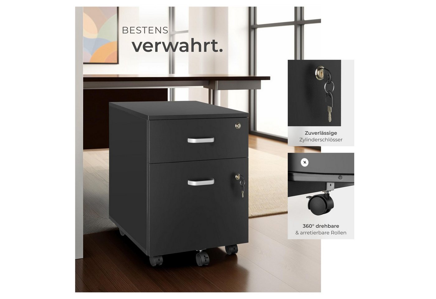 tectake Rollcontainer Schreibtischunterschrank, 40 x 44 x 54,5 cm, abschließbar, kratzfest, (Aktenschrank Vagur, in schwarz), 2 A4-Schubladen, Ersatzschlüssel, 5 gebremste Lenkrollen, stabil Bild 3