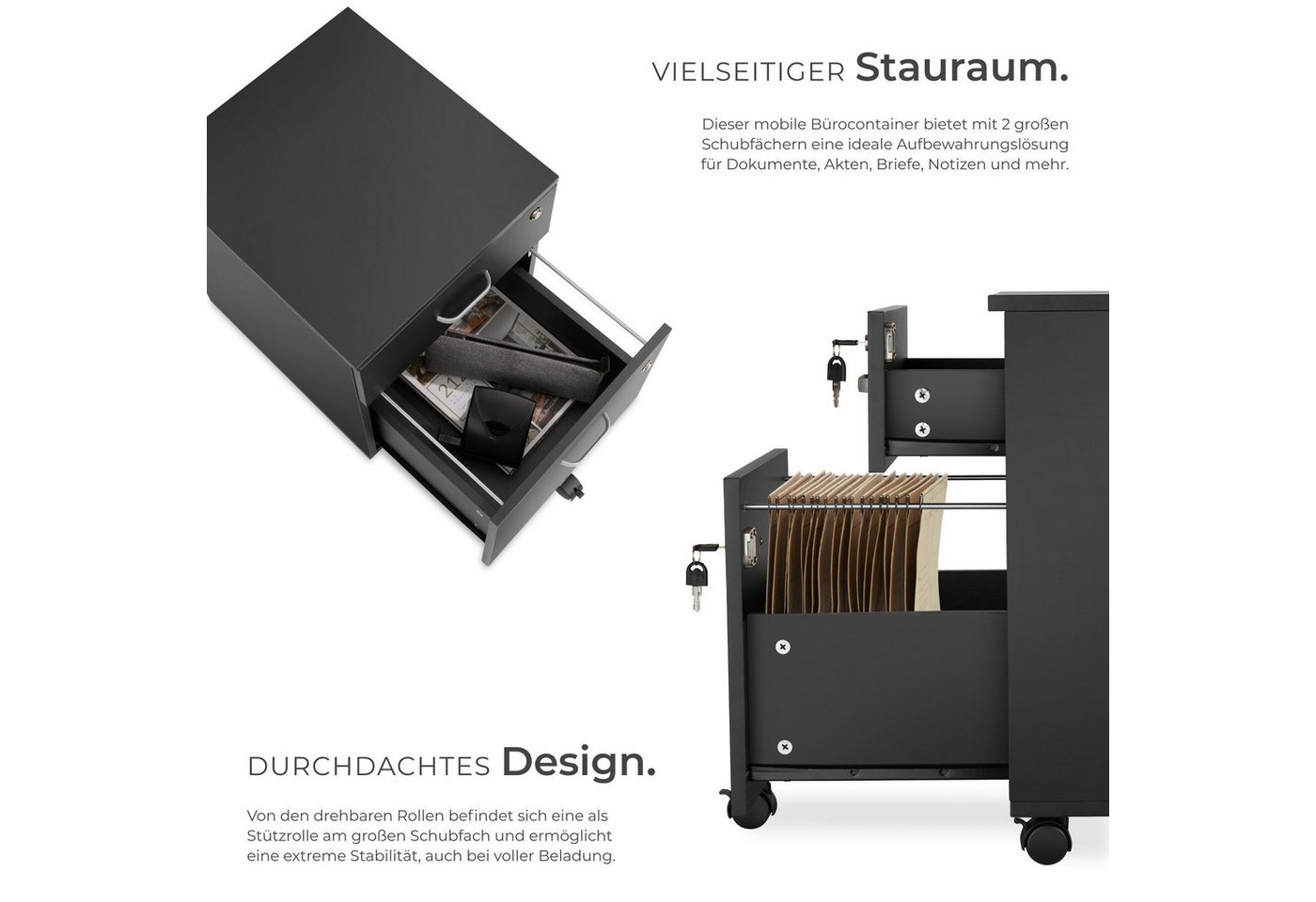 tectake Rollcontainer Schreibtischunterschrank, 40 x 44 x 54,5 cm, abschließbar, kratzfest, (Aktenschrank Vagur, in schwarz), 2 A4-Schubladen, Ersatzschlüssel, 5 gebremste Lenkrollen, stabil Bild 4