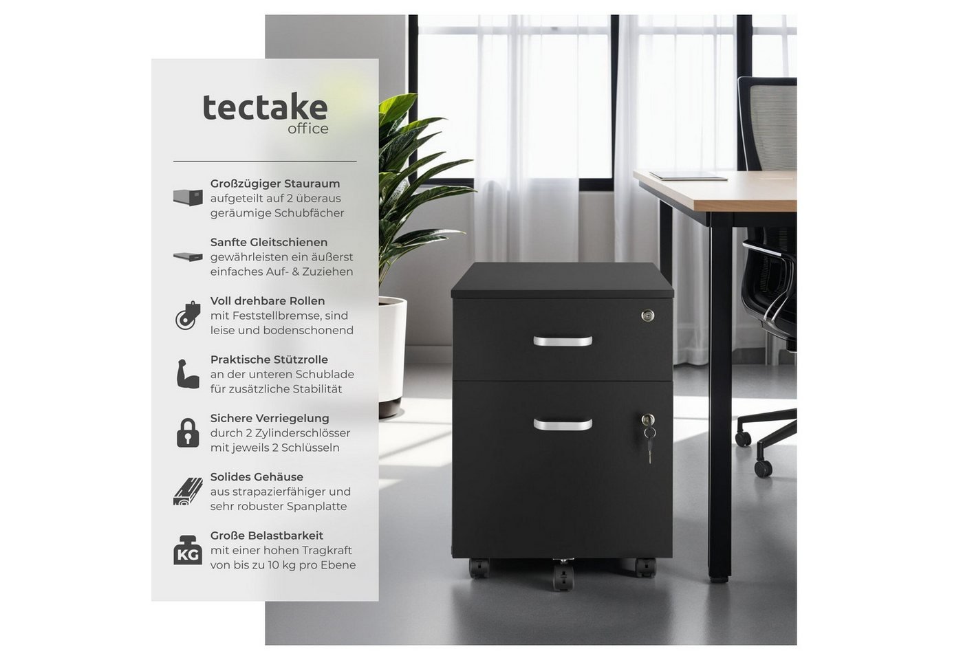 tectake Rollcontainer Schreibtischunterschrank, 40 x 44 x 54,5 cm, abschließbar, kratzfest, (Aktenschrank Vagur, in schwarz), 2 A4-Schubladen, Ersatzschlüssel, 5 gebremste Lenkrollen, stabil Bild 5
