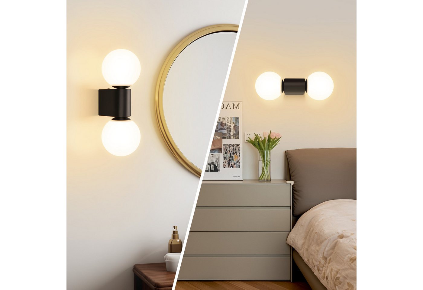 ZMH Wandleuchte G9 Innen Flurlampe Schwarz-Weiß Wandbeleuchtung Glaskugel Wohnzimmer, Einfache Installation, ohne Leuchtmittel, 2 verschiedene Montageausrichtungen Nachtlicht für Treppe