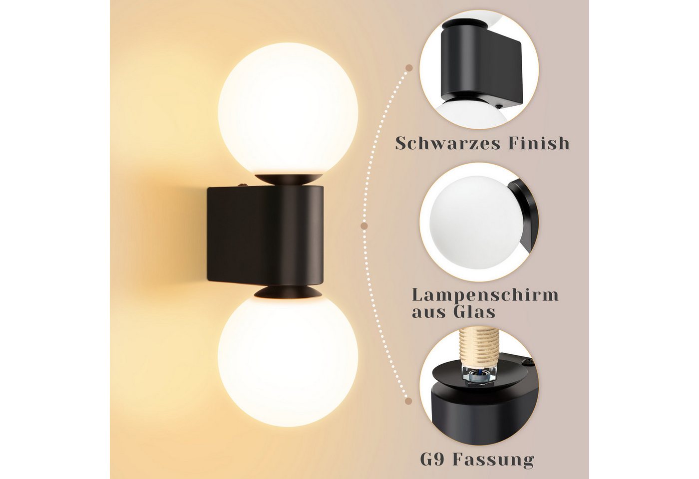 ZMH Wandleuchte G9 Innen Flurlampe Schwarz-Weiß Wandbeleuchtung Glaskugel Wohnzimmer, Einfache Installation, ohne Leuchtmittel, 2 verschiedene Montageausrichtungen Nachtlicht für Treppe Bild 2