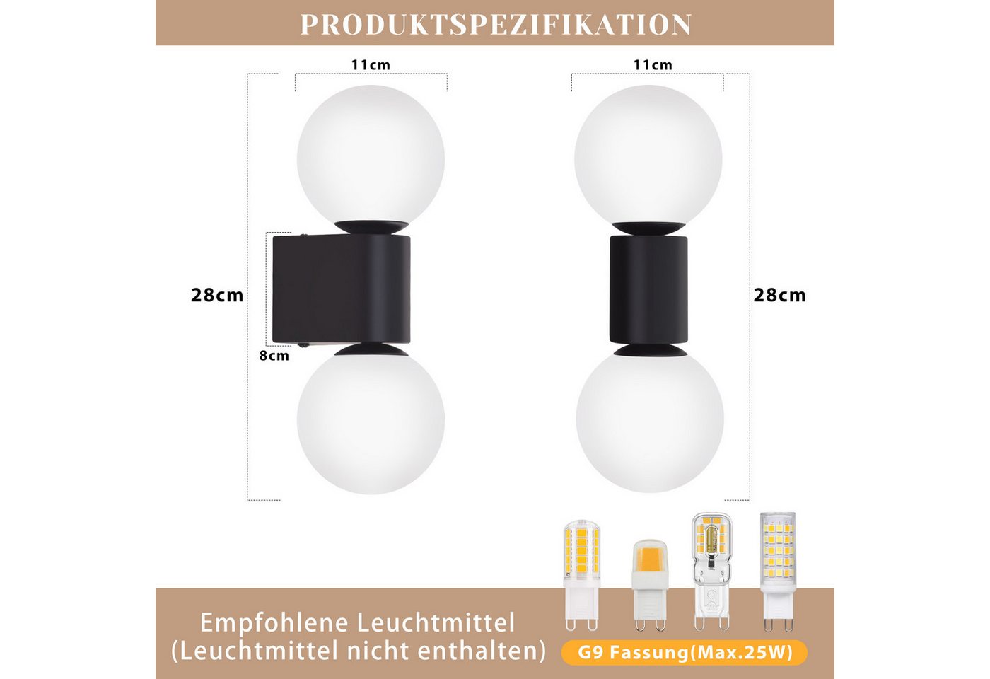 ZMH Wandleuchte G9 Innen Flurlampe Schwarz-Weiß Wandbeleuchtung Glaskugel Wohnzimmer, Einfache Installation, ohne Leuchtmittel, 2 verschiedene Montageausrichtungen Nachtlicht für Treppe Bild 4