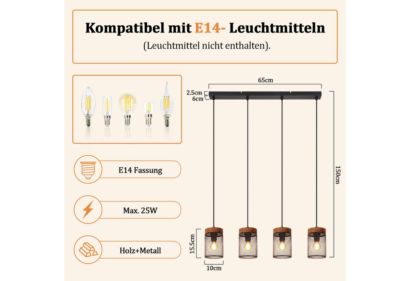 ZMH Pendelleuchte E14 Schwarz Holz Vintage 1/3/4 Flamming Retro Esstischlampe für Küche, ohne Leuchtmittel, Vintage Hängelampe 4 Flammig mit Gitter Lampenschirm