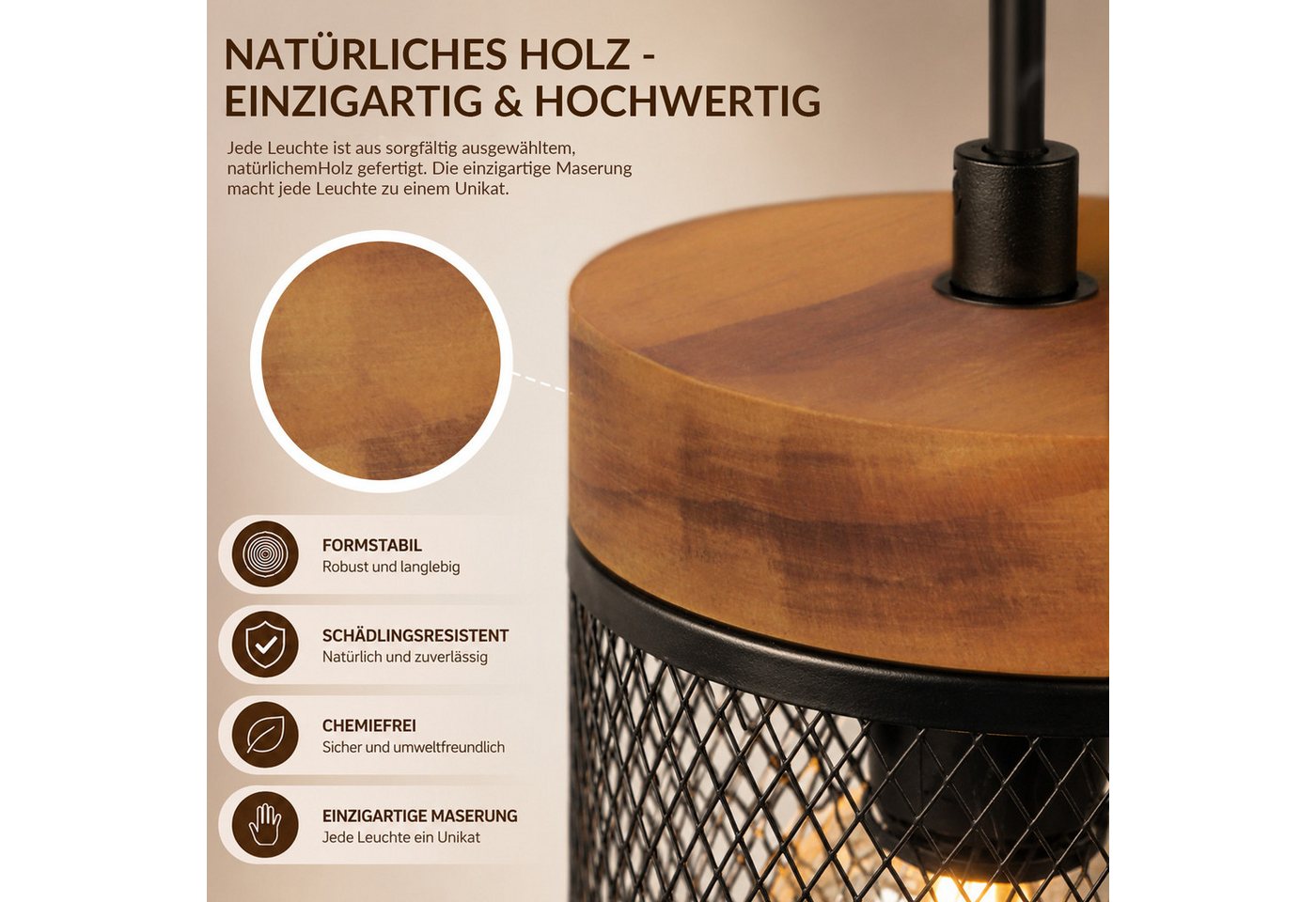 ZMH Pendelleuchte E14 Schwarz Holz Vintage 1/3/4 Flamming Retro Esstischlampe für Küche, ohne Leuchtmittel, Vintage Hängelampe 4 Flammig mit Gitter Lampenschirm Bild 3