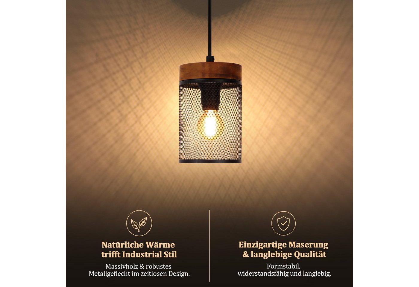 ZMH Pendelleuchte E14 Schwarz Holz Vintage 1/3/4 Flamming Retro Esstischlampe für Küche, ohne Leuchtmittel, Vintage Hängelampe 4 Flammig mit Gitter Lampenschirm Bild 4