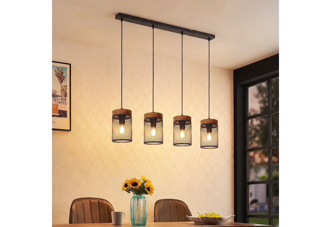 ZMH Pendelleuchte E14 Schwarz Holz Vintage 1/3/4 Flamming Retro Esstischlampe für Küche, ohne Leuchtmittel, Vintage Hängelampe 4 Flammig mit Gitter Lampenschirm Bild 5