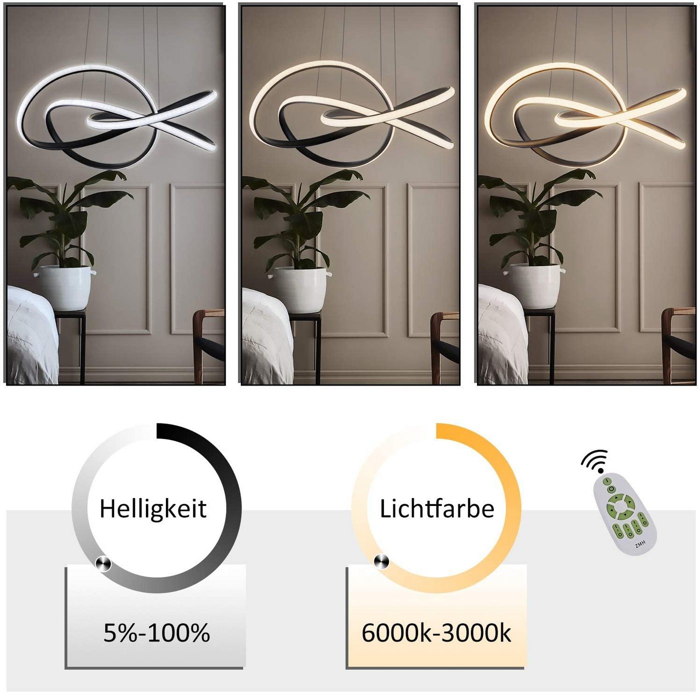 ZMH LED Pendelleuchte Höhenverstellbar 62W Ring Kronleuchter Fernbedienung Schlafzimmer, Augenschutz, LED fest integriert, 3000-6500k, Ø62cm Ringe Kronleuchter Pendant Lamp Restaurant