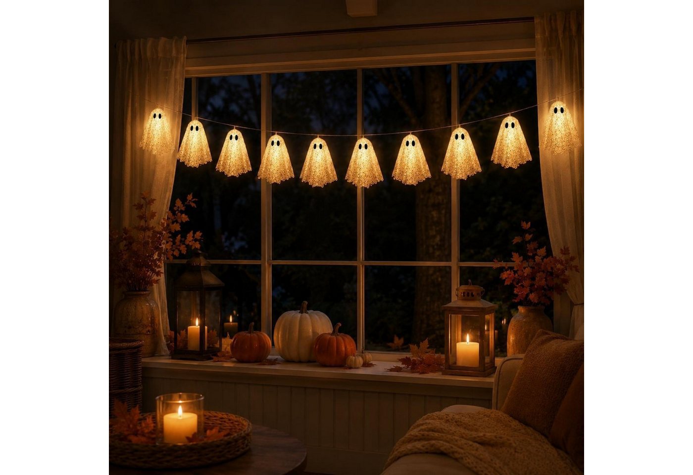 VIVIHEYDAY LED-Lichterkette Halloween Deko Geist LED Lichterkette 2m, LED Geister Lichter, Hängende Halloween Geister Deko für Party Beleuchtung