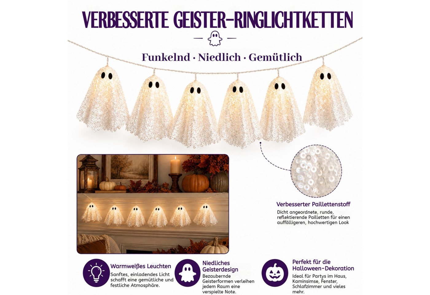 VIVIHEYDAY LED-Lichterkette Halloween Deko Geist LED Lichterkette 2m, LED Geister Lichter, Hängende Halloween Geister Deko für Party Beleuchtung Bild 2