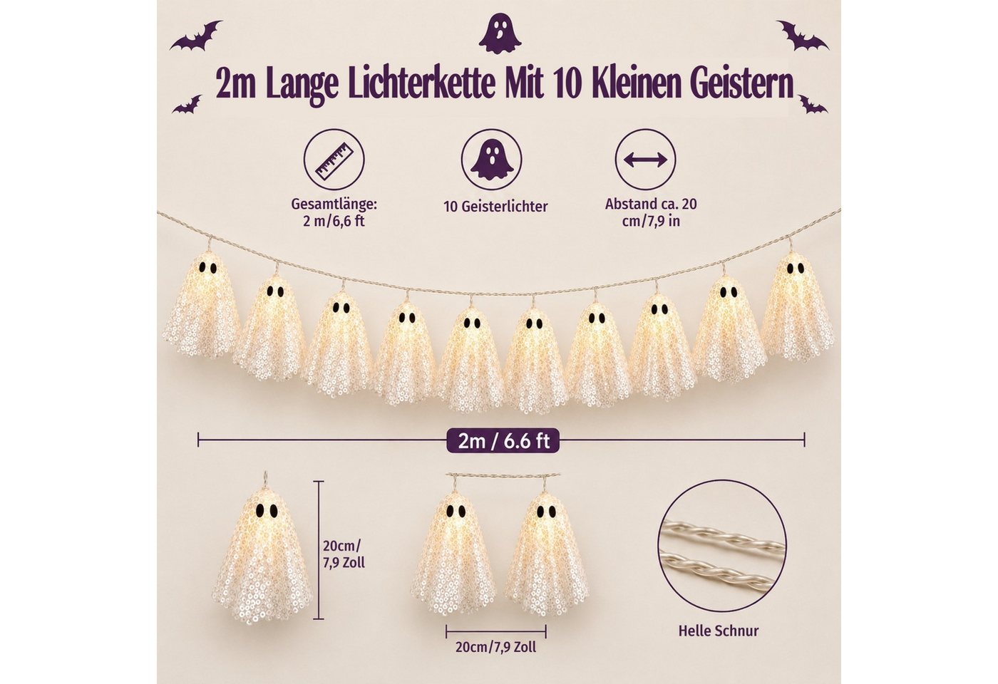 VIVIHEYDAY LED-Lichterkette Halloween Deko Geist LED Lichterkette 2m, LED Geister Lichter, Hängende Halloween Geister Deko für Party Beleuchtung Bild 3