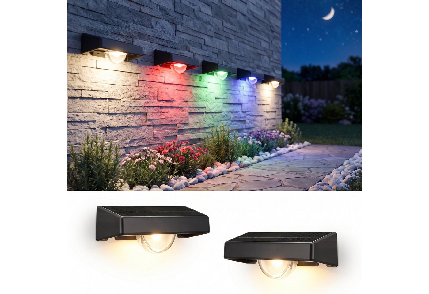 WILGOON LED Außen-Wandleuchte 2/4 Stück RGB Zaunbeleuchtung, Einstellbar LED Solarleuchte für Außen, 3 Farbtemperaturen + RGB, LED fest integriert, Kaltweiß, Warmweiß, RGB, RGB Led Solar Gartenleuchten für Terrasse, Stufen, Terrasse, Zaun