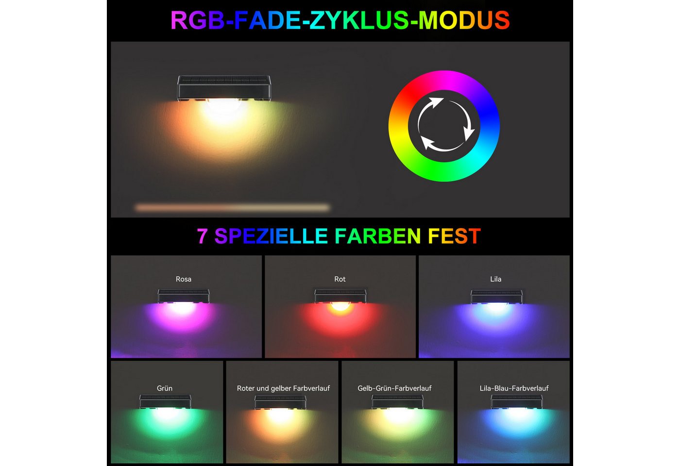WILGOON LED Außen-Wandleuchte 2/4 Stück RGB Zaunbeleuchtung, Einstellbar LED Solarleuchte für Außen, 3 Farbtemperaturen + RGB, LED fest integriert, Kaltweiß, Warmweiß, RGB, RGB Led Solar Gartenleuchten für Terrasse, Stufen, Terrasse, Zaun Bild 3