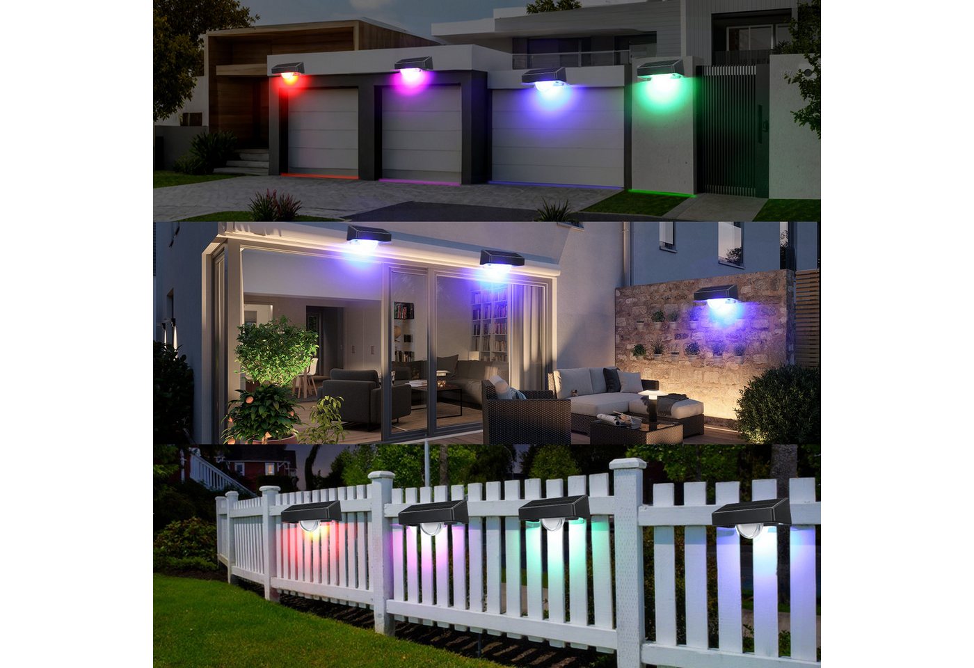 WILGOON LED Außen-Wandleuchte 2/4 Stück RGB Zaunbeleuchtung, Einstellbar LED Solarleuchte für Außen, 3 Farbtemperaturen + RGB, LED fest integriert, Kaltweiß, Warmweiß, RGB, RGB Led Solar Gartenleuchten für Terrasse, Stufen, Terrasse, Zaun Bild 4