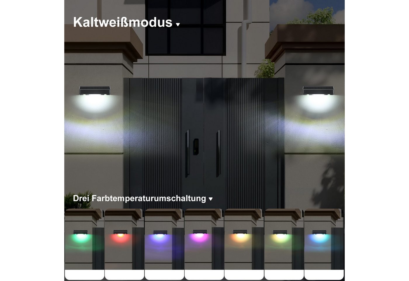 WILGOON LED Außen-Wandleuchte 2/4 Stück RGB Zaunbeleuchtung, Einstellbar LED Solarleuchte für Außen, 3 Farbtemperaturen + RGB, LED fest integriert, Kaltweiß, Warmweiß, RGB, RGB Led Solar Gartenleuchten für Terrasse, Stufen, Terrasse, Zaun Bild 5