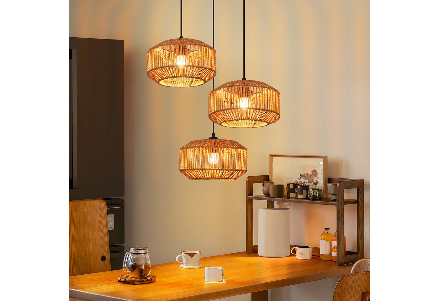 ZMH Pendelleuchte Esstisch 3-flammig, Hängeleuchte mit geflochtenem Papierschirm, ohne Leuchtmittel, E27,Schwarz/Natur,Höhenverstellbar Bild 4