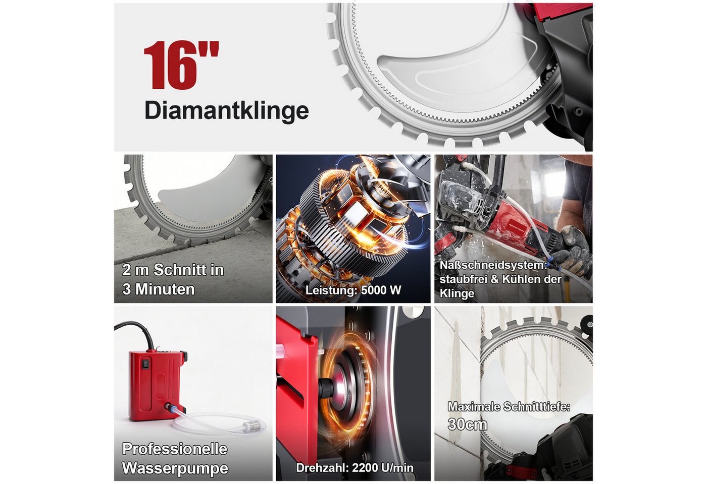 XIIW Steinschneidemaschine 5000W Elektriche Betonsäge Ø408mm Diamantklinge 2200RPM Betonschneider, Set, mit Wasserpumpe Nassschnittsystem, 30cm Schnittiefe, Zum Schneiden von Wänden Stein Rohren Böden