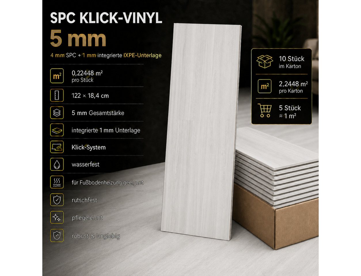 NoblesBox Designboden SPC Klick-Vinylboden 5 mm mit Trittschalldämmung in Holzoptik, kleberfrei, mit Trittschalldämmung, wasserfest, pflegeleicht Bild 2