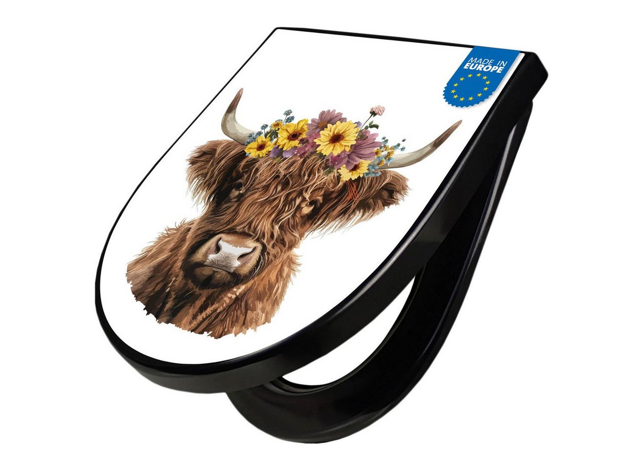 banjado WC-Sitz Premium D-Form mit Absenkautomatik Motiv Hochlandkuh mit Blumenkrone (umweltfreundliches Material, Softclose Absenkautomatik), 45 x 36,4 x 4 Bild 2