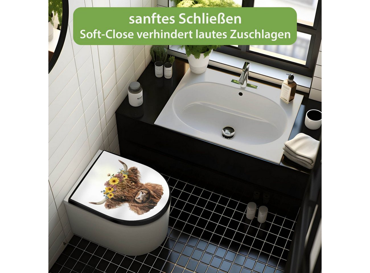 banjado WC-Sitz Premium D-Form mit Absenkautomatik Motiv Hochlandkuh mit Blumenkrone (umweltfreundliches Material, Softclose Absenkautomatik), 45 x 36,4 x 4 Bild 3