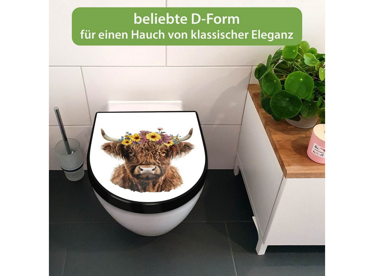 banjado WC-Sitz Premium D-Form mit Absenkautomatik Motiv Hochlandkuh mit Blumenkrone (umweltfreundliches Material, Softclose Absenkautomatik), 45 x 36,4 x 4 Bild 4