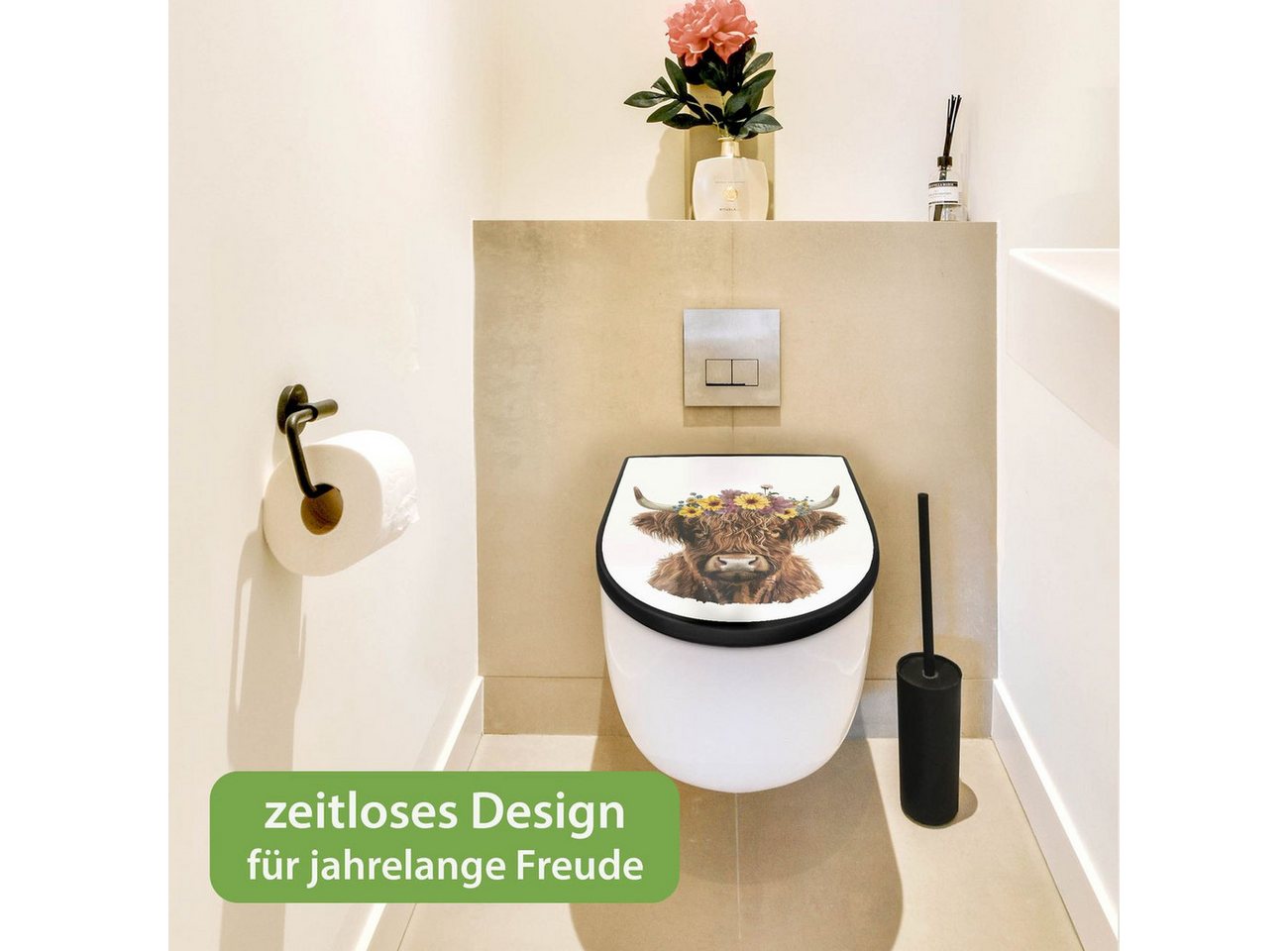 banjado WC-Sitz Premium D-Form mit Absenkautomatik Motiv Hochlandkuh mit Blumenkrone (umweltfreundliches Material, Softclose Absenkautomatik), 45 x 36,4 x 4 Bild 5