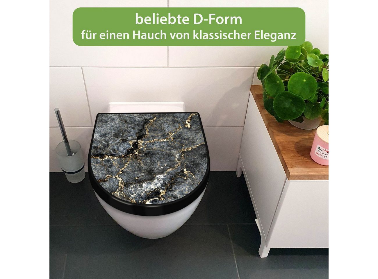 banjado WC-Sitz Premium D-Form mit Absenkautomatik Motiv grauer Marmor mit Gold 2 (umweltfreundliches Material, Softclose Absenkautomatik), 45 x 36,4 x 4