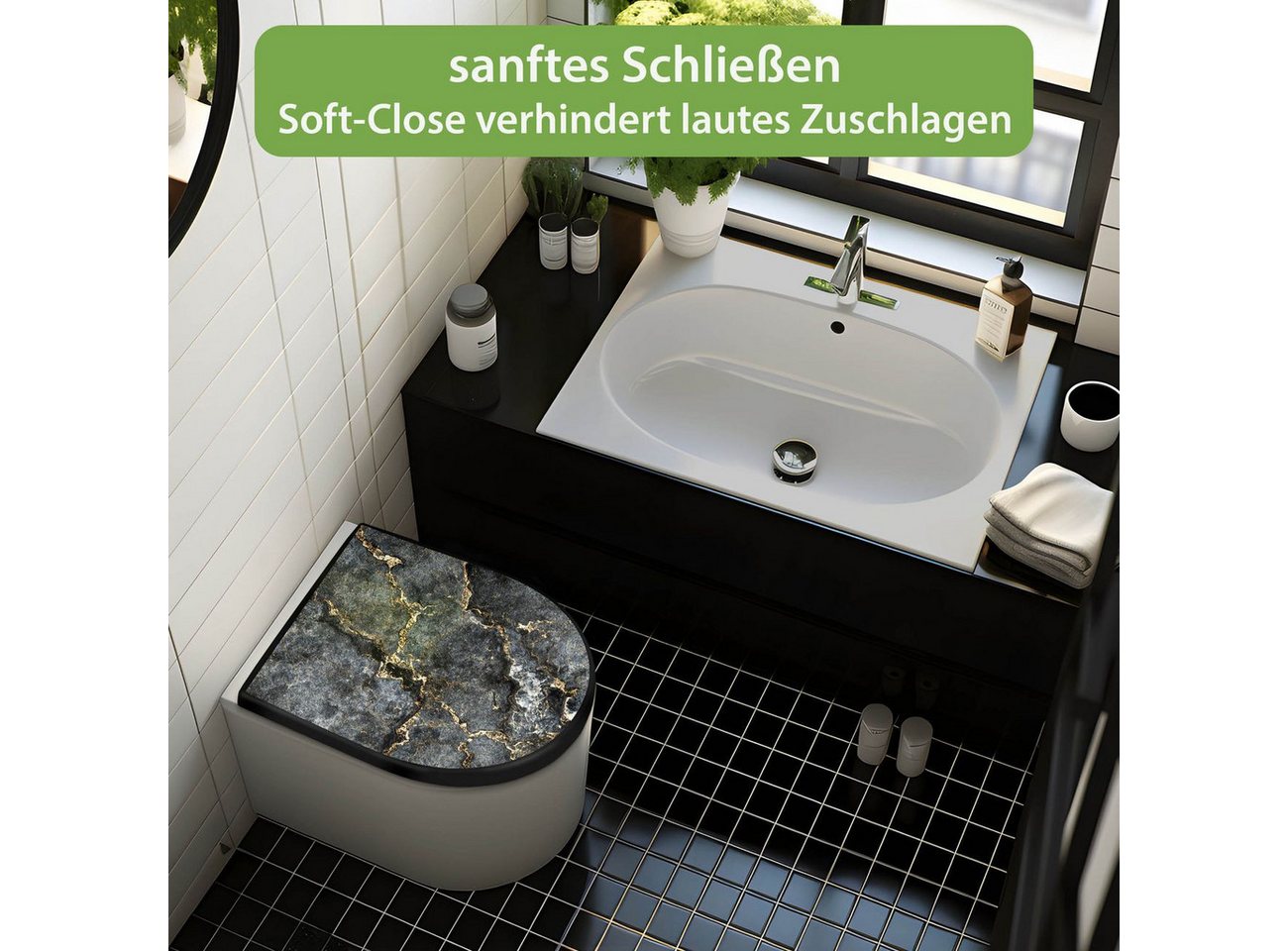 banjado WC-Sitz Premium D-Form mit Absenkautomatik Motiv grauer Marmor mit Gold 2 (umweltfreundliches Material, Softclose Absenkautomatik), 45 x 36,4 x 4 Bild 2