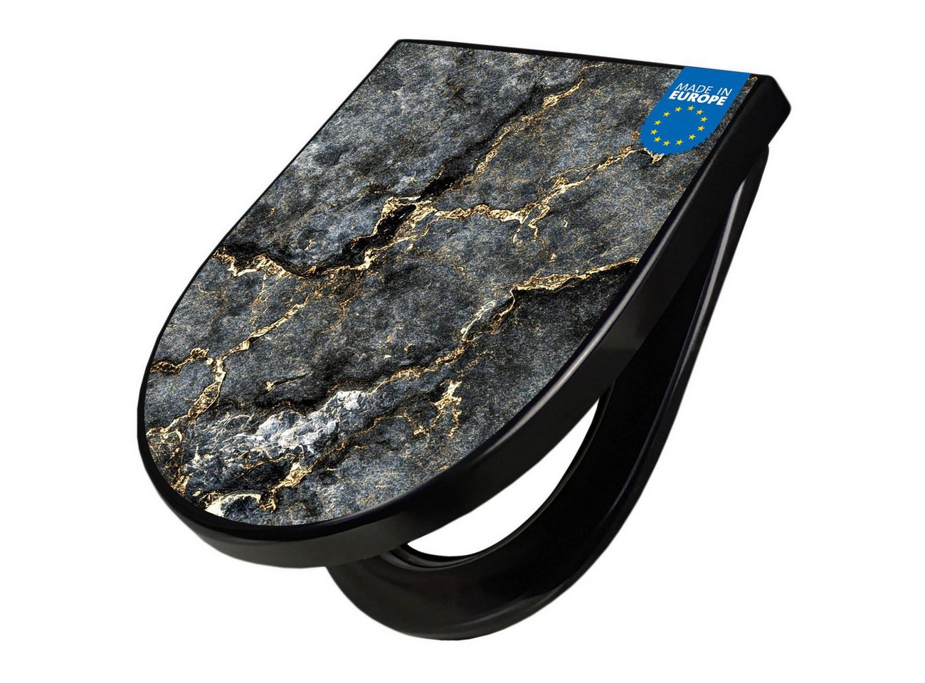 banjado WC-Sitz Premium D-Form mit Absenkautomatik Motiv grauer Marmor mit Gold 2 (umweltfreundliches Material, Softclose Absenkautomatik), 45 x 36,4 x 4 Bild 4