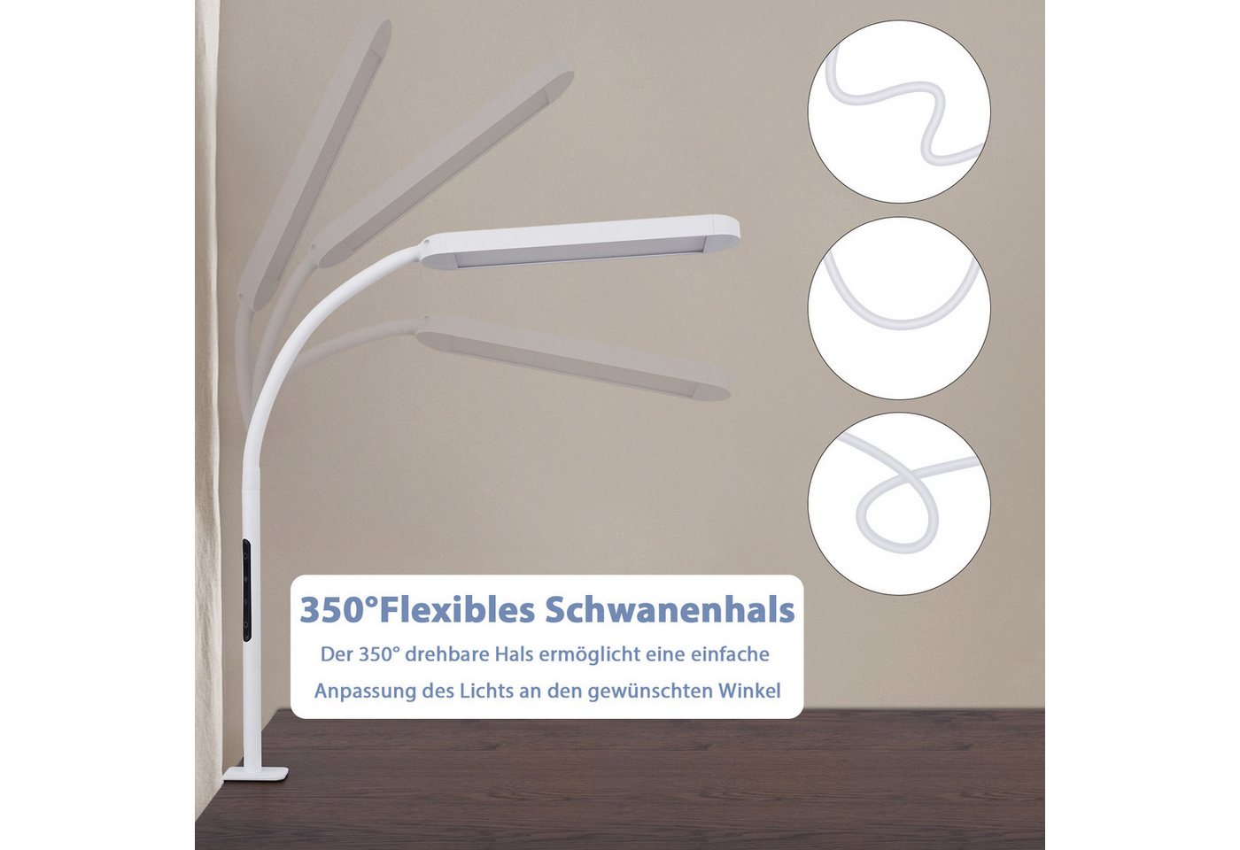 ZMH LED Tischleuchte Dimmbar - Klemmlampe mit Stecker 11W Arbeitsplatzleuchte Wohzimmer, Augenschutz, Einfache Installtion, LED fest integriert, 3000-6500K, 5 Farben und 5 Helligkeitsstufen 60-Minuten-Timer-Funktion Bild 2