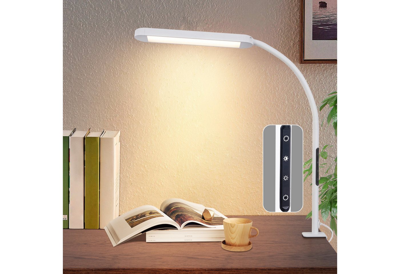 ZMH LED Tischleuchte Dimmbar - Klemmlampe mit Stecker 11W Arbeitsplatzleuchte Wohzimmer, Augenschutz, Einfache Installtion, LED fest integriert, 3000-6500K, 5 Farben und 5 Helligkeitsstufen 60-Minuten-Timer-Funktion Bild 4