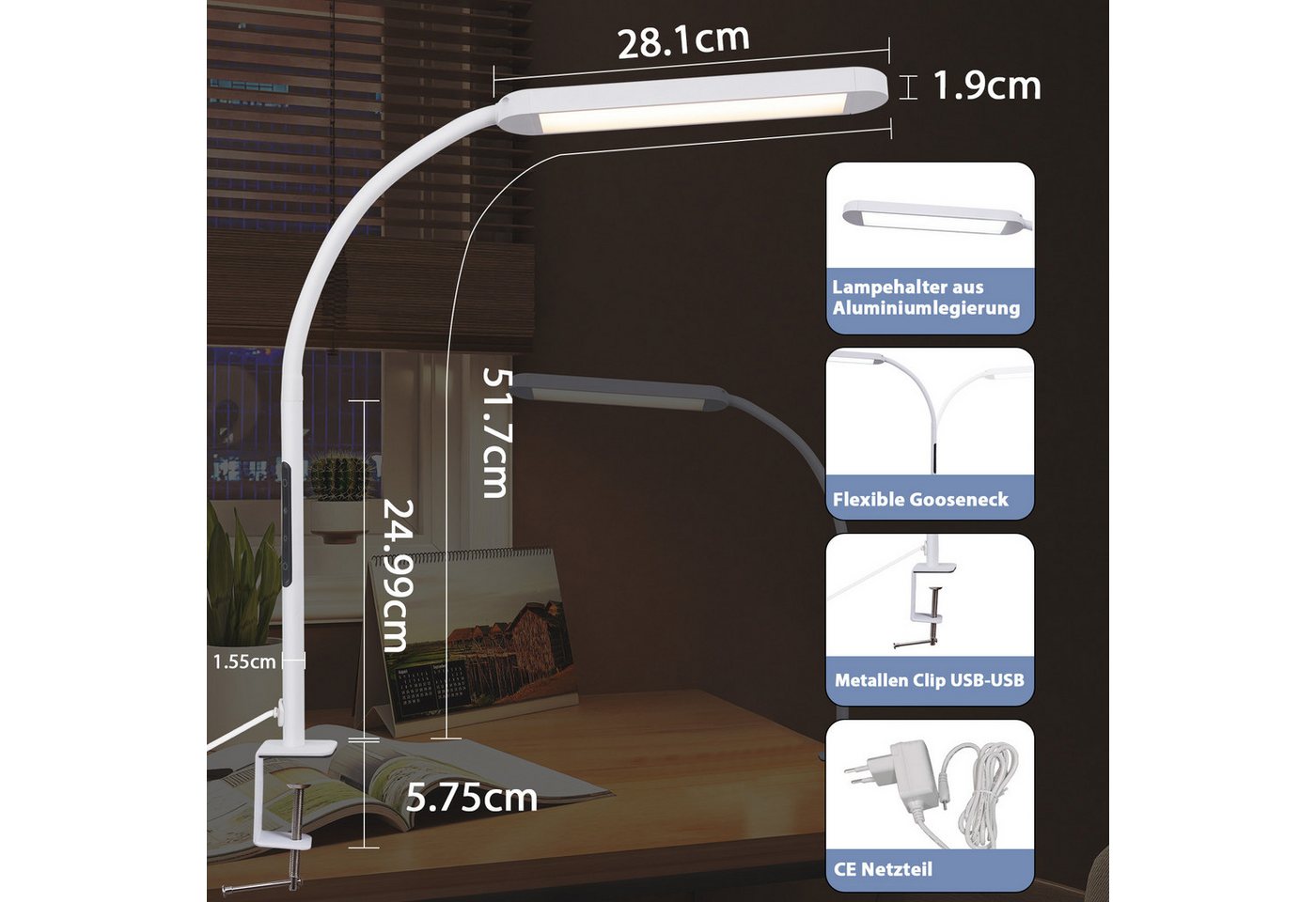 ZMH LED Tischleuchte Dimmbar - Klemmlampe mit Stecker 11W Arbeitsplatzleuchte Wohzimmer, Augenschutz, Einfache Installtion, LED fest integriert, 3000-6500K, 5 Farben und 5 Helligkeitsstufen 60-Minuten-Timer-Funktion Bild 5