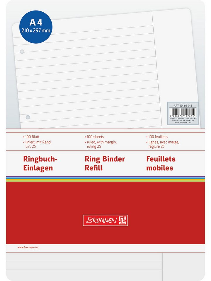 Baier & Schneider Collegeblock Ringbucheinlagen liniert mit Rand A4 100 Blatt weiß
