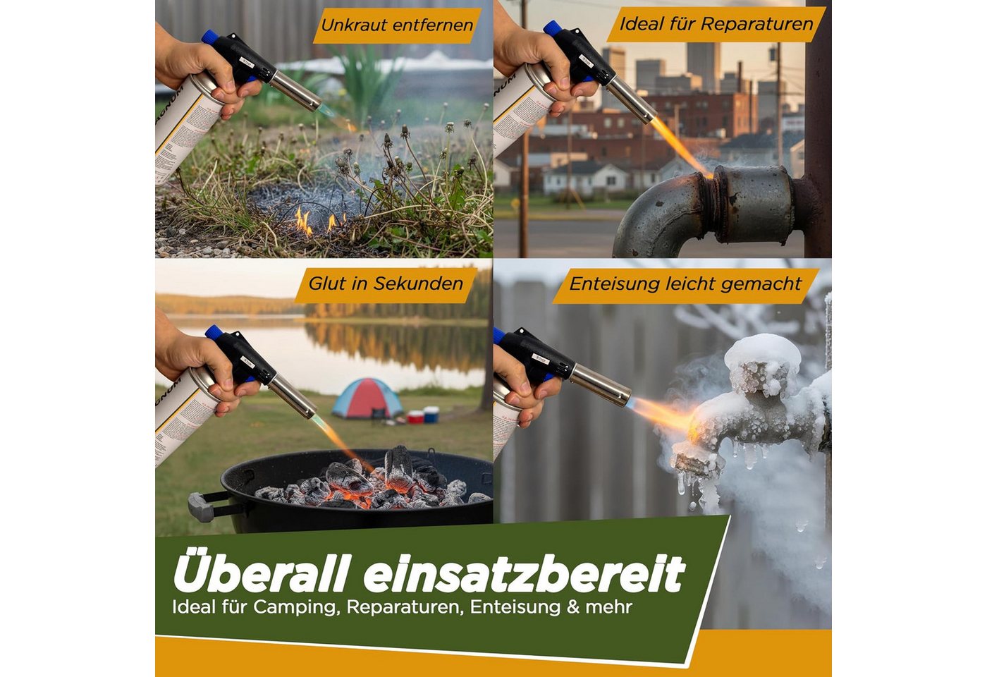 Magnum Wave Flambierbrenner Gasbrenner [1300 °C] Lötlampe Bunsenbrenner inkl. 4 Kartuschen, (Spar-Set), 1,3 kW · 1.300 °C · Piezozündung · 360° · 4 Kartuschen inkl.