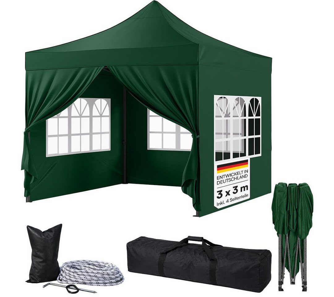 STEELSØN Pavillon Rynara Faltpavillon wind- & wetterfest, mit 4 Seitenteilen, (3x3 m, grün), UV-Schutz, Gartenpavillon mit Seitenwänden