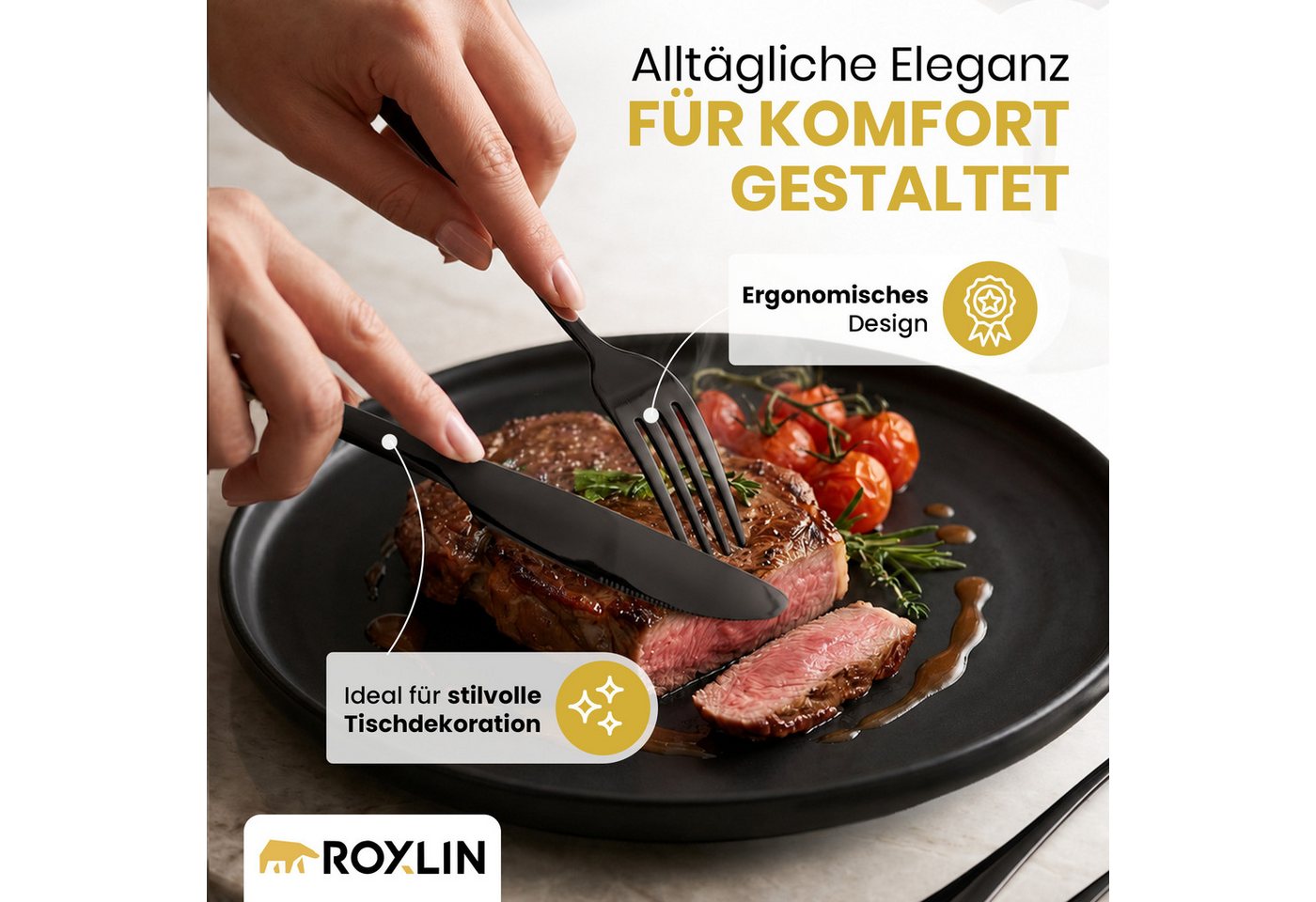 Roxlin Besteck-Set Roxlin Besteckset 30-tlg Plain Design Edelstahl, Gold/Schwarz/Silber