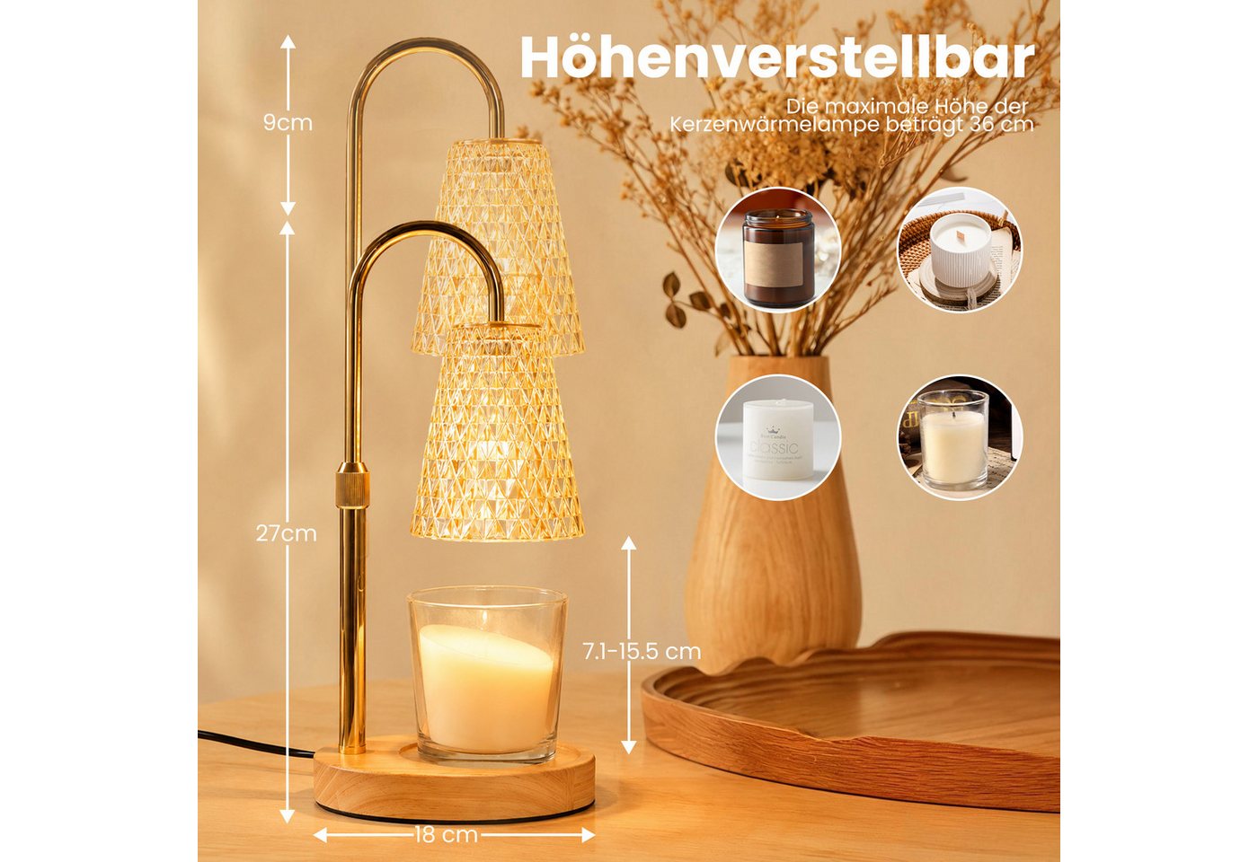 DAITORE Duftlampe Kerzenwärmer Lampe, Candle Warmer lamp mit Timer und Dimmer, Höhenverstellbar Kerzenwärmer Kerzen Lampe mit 2 Glühbirnen Bild 3