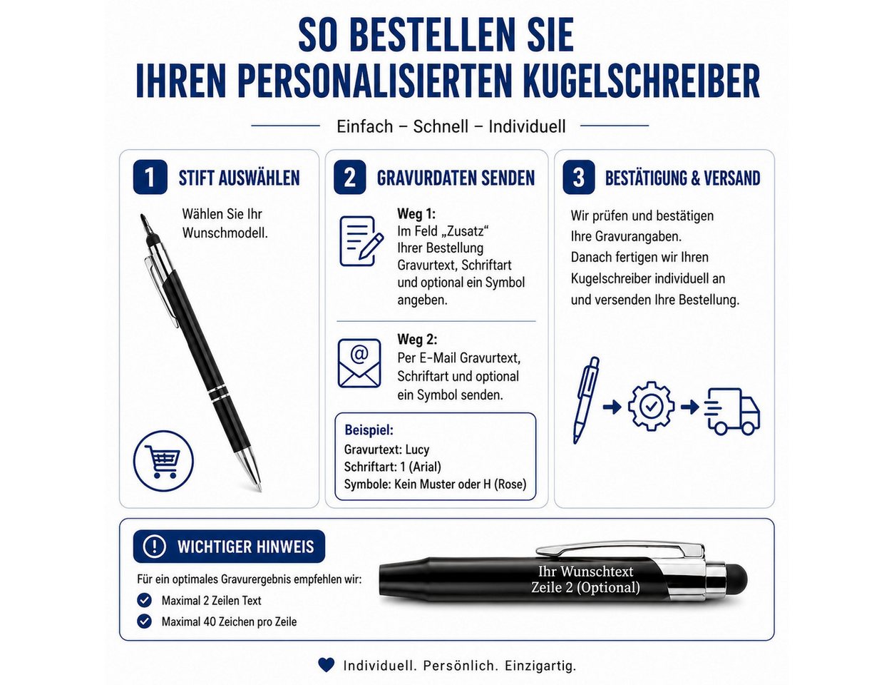 lindahandel Kugelschreiber Personalisierter Kugelschreiber mit Gravur, individueller Name Text, (10-tlg), blaue Tinte, Geschenk für Geburtstag Büro,Metall Kugelschreiber Bild 5