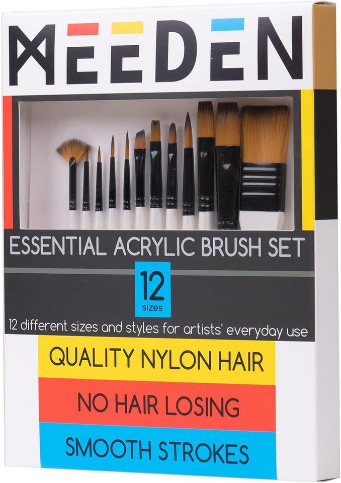 MEEDEN Malpinsel Pinselset 12-teilig Nylon für Acryl Öl Aquarell Gouache mit Holzgriff, 12 Größen, Nylonborsten, Aluzwingen, mehrschichtige Holzgriffe