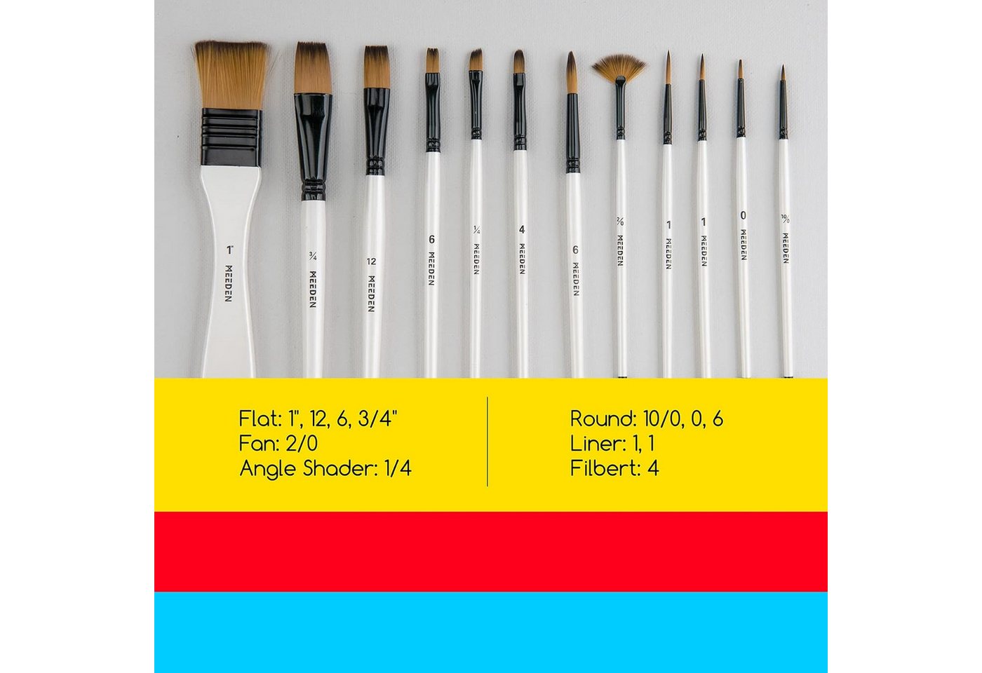 MEEDEN Malpinsel Pinselset 12-teilig Nylon für Acryl Öl Aquarell Gouache mit Holzgriff, 12 Größen, Nylonborsten, Aluzwingen, mehrschichtige Holzgriffe Bild 5