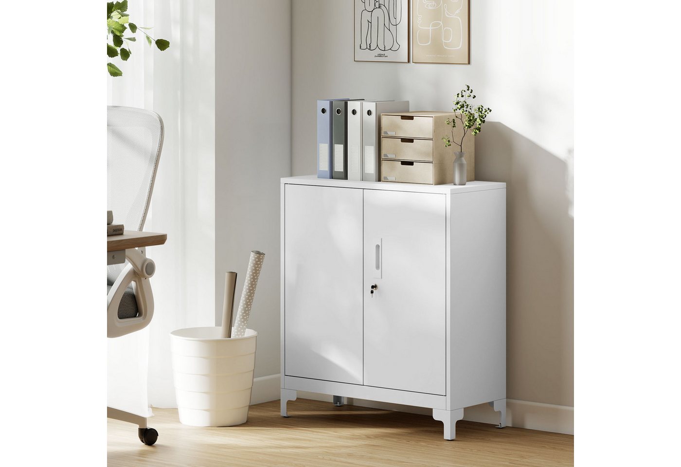 HOMCOM Aktenschrank Büroschrank Abschließbar Mehrzweckschrank mit 2 Ebenen, 2 Türen (Metallschrank, 1-St., Aufbewahrungsschrank) Allzweckschrank 80 x 35 x 91 cm Weiß