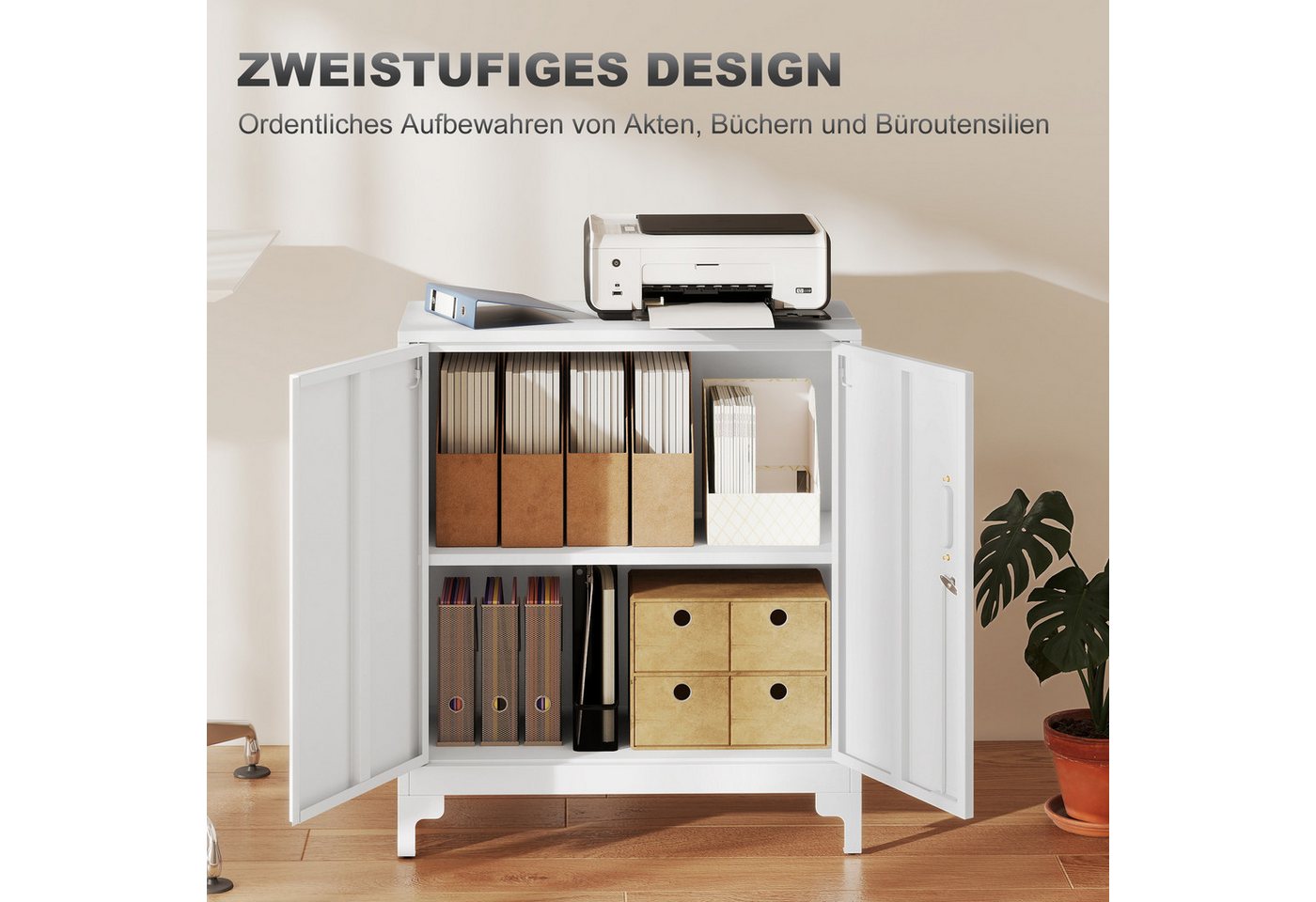 HOMCOM Aktenschrank Büroschrank Abschließbar Mehrzweckschrank mit 2 Ebenen, 2 Türen (Metallschrank, 1-St., Aufbewahrungsschrank) Allzweckschrank 80 x 35 x 91 cm Weiß Bild 2