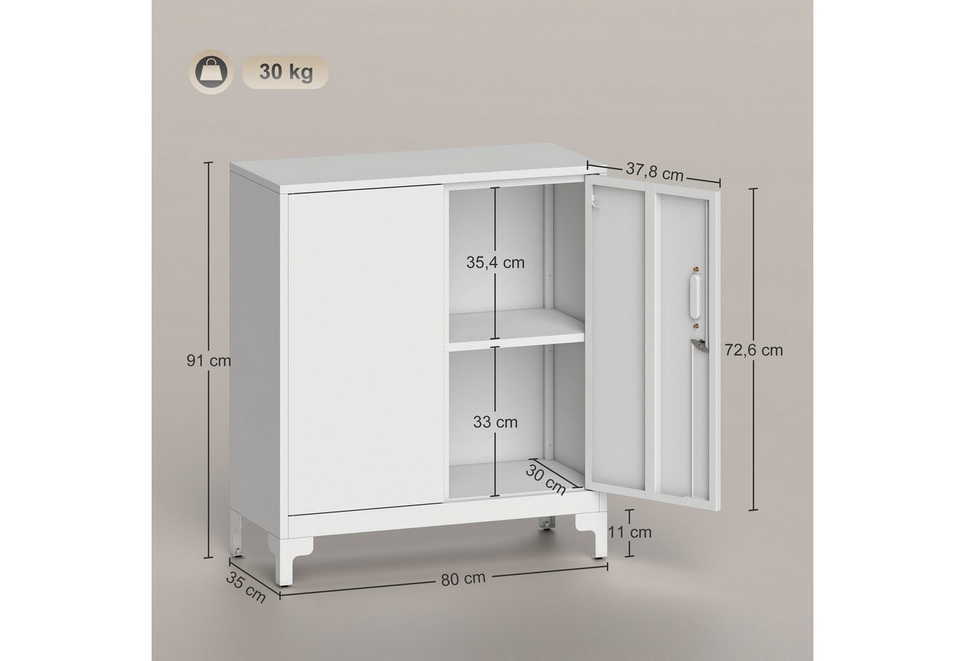 HOMCOM Aktenschrank Büroschrank Abschließbar Mehrzweckschrank mit 2 Ebenen, 2 Türen (Metallschrank, 1-St., Aufbewahrungsschrank) Allzweckschrank 80 x 35 x 91 cm Weiß Bild 3