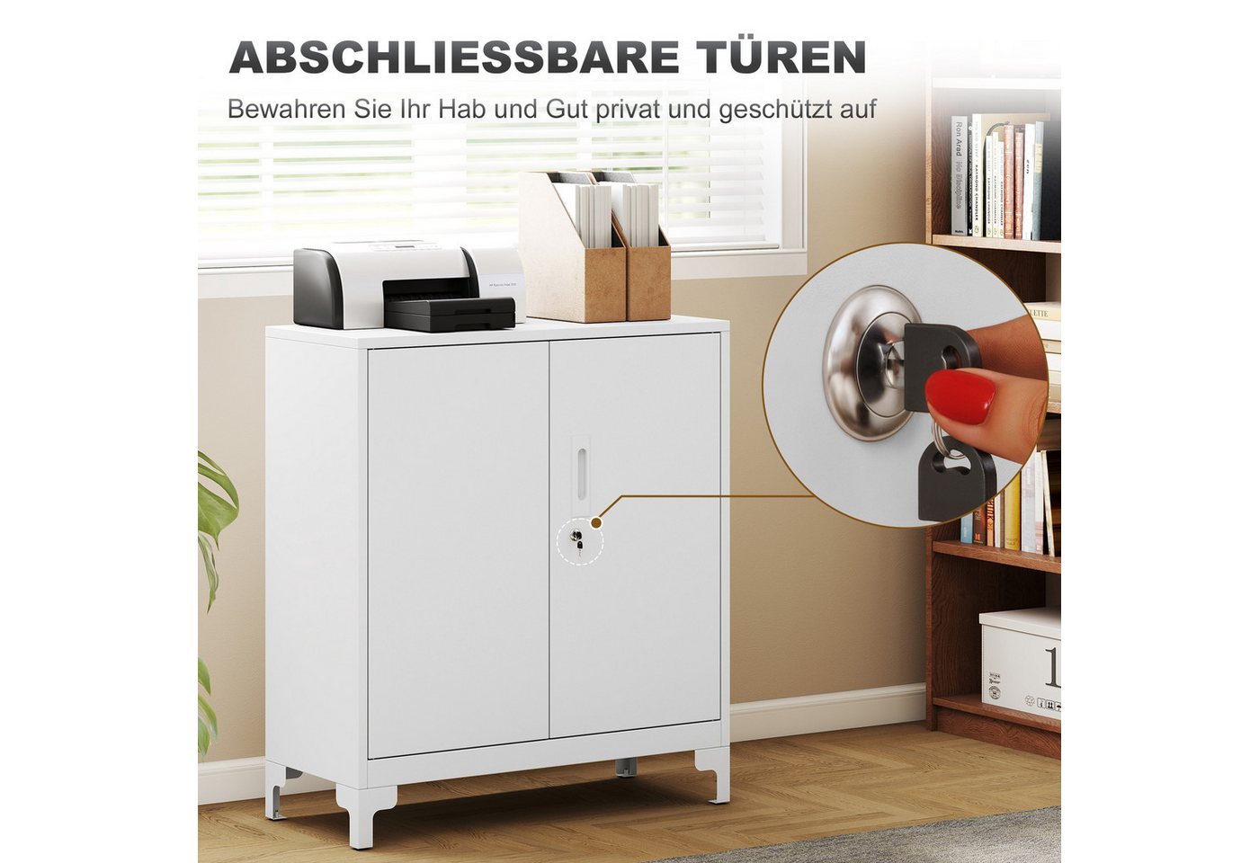 HOMCOM Aktenschrank Büroschrank Abschließbar Mehrzweckschrank mit 2 Ebenen, 2 Türen (Metallschrank, 1-St., Aufbewahrungsschrank) Allzweckschrank 80 x 35 x 91 cm Weiß Bild 4