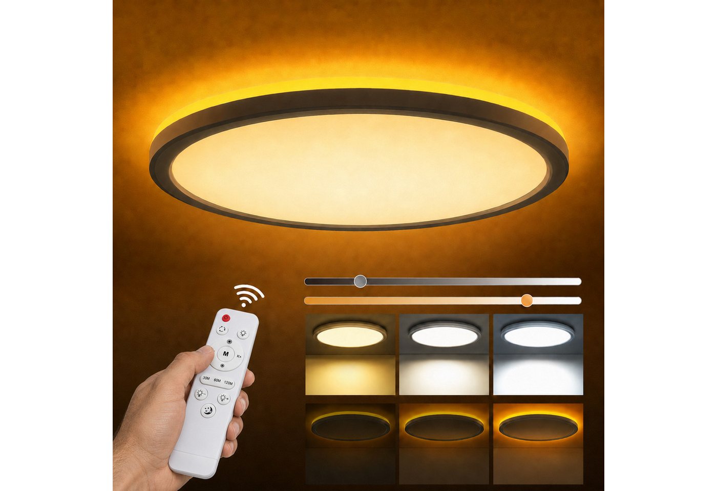Lapamax LED Deckenleuchte LED Deckenleuchte Flach, Ø30CM, 24W 3200LM Dimmable mit Fernbedienung, dimmbar, Timer, Memory-Funktion, 3 Lichtmodi, LED, fest integriert, Deckenlampe mit Fernbedienung, 4 Farbtemperaturen, Timer und Memory Bild 3